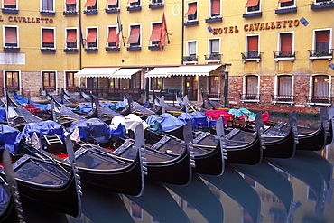 Gondolas moored in the Bacino Orseolo, Venice, Veneto, Italy, Europe