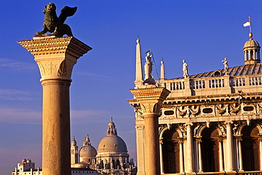 The Columns of San Marco and San Teodoro, and Santa Maria della Salute, Piazzetta San Marco, Venice, UNESCO World Heritage Site, Veneto, Italy, Europe