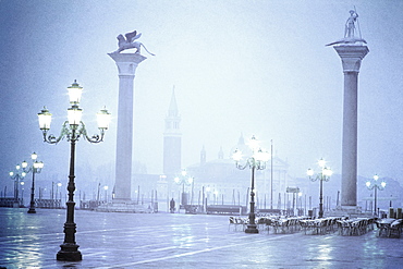 View of San Giorgio Maggiore from Piazzetta San Marco and the columns of San Marco and San Teodoro at dawn, Venice, UNESCO World Heritage Site, Veneto, Italy, Europe