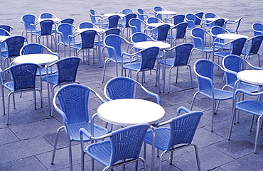 Empty group of tables and chairs, Piazza San Marco, Venice, Veneto, Italy, Europe