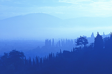 Vew of the countryside around Florence in early morning blue light, Tuscany, Italy, Europe