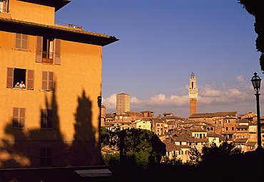 Elderly couple at window with view of Siena skyline, Siena, Tuscany, Italy, Europe