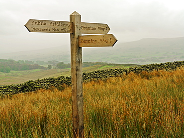 Sign post for the Pennine Way, a 270 mile long walking route, Yorkshire Dales National Park, Yorkshire, England, United Kingdom, Europe