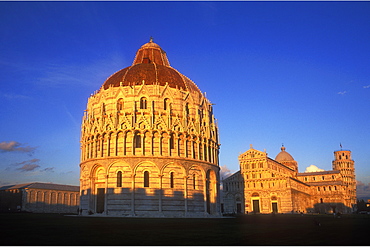 The Baptistry, Duomo and Leaning Tower at sunset, UNESCO World Heritage Site, Pisa, Tuscany, Italy, Europe