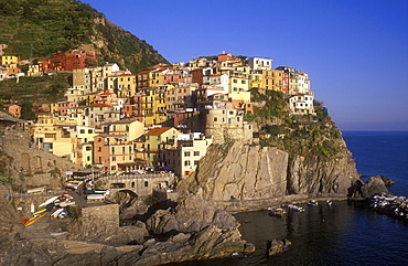 Fishing village with multi colored houses facing the sea, Manarola, Cinque Terre, UNESCO World Heritage Site, Liguria, Italy, Europe