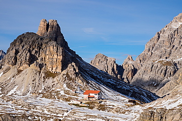 Torre di Toblino and Locatelli refuge on the trail around Tre Cime di Lavaredo, Sesto, Bolzano, South Tyrol, Trentino-Alto-Adige-Sudtirol, Dolomites, Italy, Europe