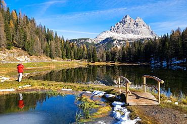 Tre Cime di Lavaredo and their reflection on Antorno lake, Auronzo, Belluno, Veneto, Dolomites, Italy, Europe