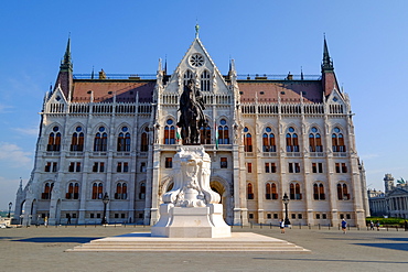 The Hungarian Parliament Building and statue of Gyula Andressy, Budapest, Hungary, Europe