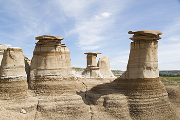 The hoodoos, rock formations formed by the erosion of Bentonite, in the Badlands close to Drumheller in Alberta, Canada, North America