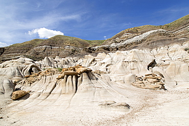 The hoodoos, rock formations formed by the erosion of Bentonite in the Badlands close to Drumheller in Alberta, Canada, North America