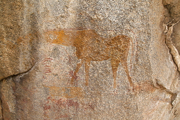 Ancient rock art of a painting depicting an animal, at Matobo National Park, Zimbabwe, Africa