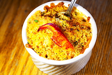 A bowl of lobster mac 'n' cheese, a dish made with locally landed seafood, served in Chester, Nova Scotia, Canada, North America