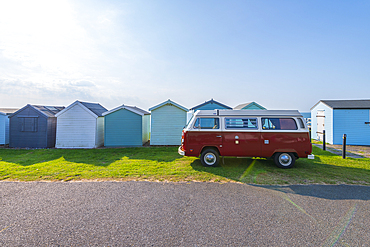 Beach Huts and VW T2 Baywindow Campervan, Felixstowe, Suffolk, England, United Kingdom, Europe