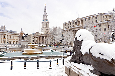 Trafalgar Square in winter snow, London, England, United Kingdom, Europe