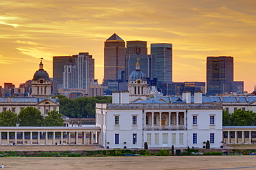 National Maritime Museum with Canary Wharf in Dockland on skyline, Greenwich, London, England, United Kingdom, Europe