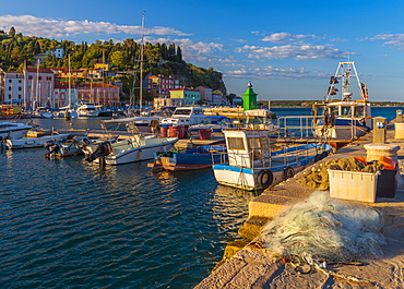 Fishing nets and fishing boats, Old Town Harbour, Piran, Primorska, Slovenian Istria, Slovenia, Europe