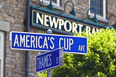 Street sign reflecting Newport's sailing and historic heritage at the junction of America's Cup Avenue and Thames Street in Newport, Rhode Island, New England, United States of America, North America