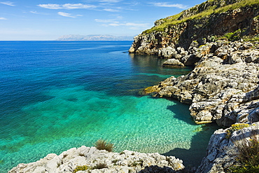 Lovely limestone cove at Zingaro Nature Reserve near Scopello on this beautiful north western coastline, Scopello, Sicily, Italy, Mediterranean, Europe