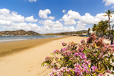 The half moon town beach at this popular tourist hub for the southern surf coast, San Juan del Sur, Rivas Province, Nicaragua, Central America