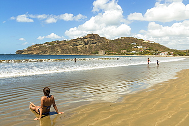 Lookout hill overlooking the beach at this popular tourist hub for the southern surf coast, San Juan del Sur, Rivas, Nicaragua, Central America