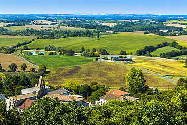 View northwest over the church at Monbahus from the Tower of The Virgin, a local landmark, Monbahus, Cancon, Lot-et-Garonne, France, Europe