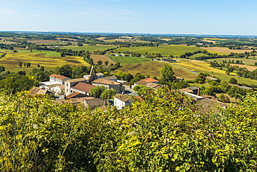 View northwest over the church at Monbahus from the Tower of The Virgin, a local landmark, Monbahus, Cancon, Lot-et-Garonne, France, Europe