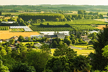 View of fields, orchards and polytunnels in summer seen from this important hilltop town, Duras, Lot-et-Garonne, France, Europe