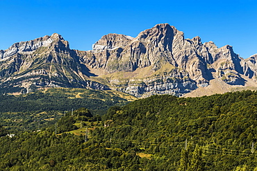 From left, peaks of Corona de Mallo, Parad  2764m and Telera on right, seen from Panticosa, Upper Tena Valley, Pyrenees, Huesca, Spain, Europe