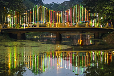 Lights and illuminated bridge on the Siem Reap River by the Art Center Night Market in this NW tourist town, Siem Reap, Cambodia, Indochina, Southeast Asia, Asia