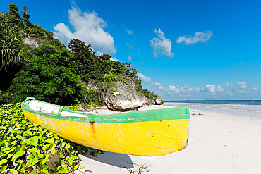 Colourful old canoe on beautiful white sand Bira Beach at far South resort town, Tanjung Bira, South Sulawesi, Indonesia, Southeast Asia, Asia