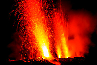 Lava bombs erupt from multiple vents on volcano, active for at least 2000 years, Stromboli, Aeolian Islands, UNESCO World Heritage Site, Sicily, Italy, Mediterranean, Europe