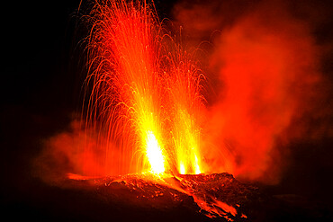 Lava bombs erupt from multiple vents on this volcano, active for at least 2000 years, Stromboli, Aeolian Islands, UNESCO World Heritage Site, Sicily, Italy, Mediterranean, Europe