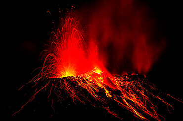 Lava bombs erupt from multiple vents on volcano, active for at least 2000 years, Stromboli, Aeolian Islands, UNESCO World Heritage Site, Sicily, Italy, Mediterranean, Europe