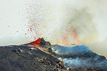 Lava bombs erupt from multiple vents on volcano, active for at least 2000 years, Stromboli, Aeolian Islands, UNESCO World Heritage Site, Sicily, Italy, Mediterranean, Europe