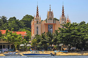 Ornate church by a beach on Manadotua Island off the holiday dive island of Bunaken, Manadotua, Bunaken, North Sulawesi, Indonesia, Southeast Asia, Asia