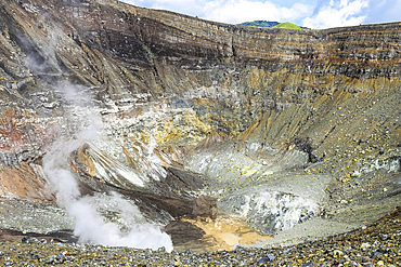 Steaming fumaroles, sulphur and volcanic strata in Tompaluan active crater by Mount Lokon volcano near Tomohon city, Gunung Lokon, Tomohon, North Sulawesi, Indonesia, Southeast Asia, Asia