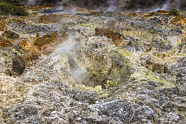 Sulphur and other minerals at an active fumarole field by Lake Linow, a volcanic attraction south of Tomohon city, Lake Linow, Tomohon, North Sulawesi, Indonesia, Southeast Asia, Asia