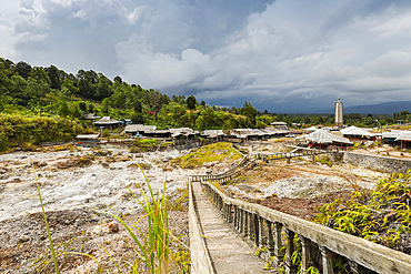 Steaming volcanic fumarole field, shops and cafes at Bukit Kasih, a tourist park with a peace tower and worship houses of five major religions, Bukit Kasih, Minahasa, North Sulawesi, Indonesia, Southeast Asia, Asia