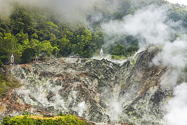 Steaming fumarole field at Bukit Kasih, a tourist park with a world peace themed tower and worship houses of five major religions, Bukit Kasih, Minahasa, North Sulawesi, Indonesia, Southeast Asia, Asia