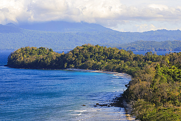 View South from Pulisan to Paal Beach and headland with Tangkoko National Park beyond, Pulisan, North Minahasa Highlands, North Sulawesi, Indonesia, Southeast Asia, Asia