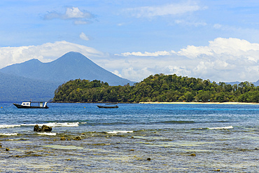 View from Pulisan beach to Paal Beach and headland, with Tangkoko mountain and reserve beyond, Pulisan, Minahasa Highlands, North Sulawesi, Indonesia, Southeast Asia, Asia