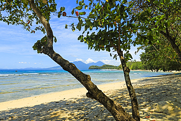 View from Pulisan beach to Paal Beach and headland, with Tangkoko mountain and reserve beyond, Pulisan, Minahasa Highlands, North Sulawesi, Indonesia, Southeast Asia, Asia