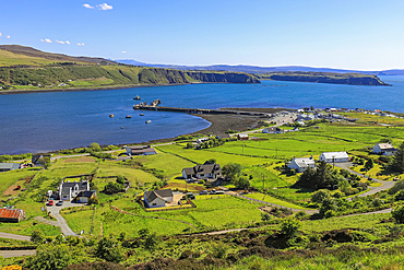 Looking South from Idrigal Bay Viewpoint to Uig harbour and ferry port terminal in the far North of the island. Idrigal Bay, Uig, Trotternish Peninsula, Skye, Inner Hebrides, Scotland, UK