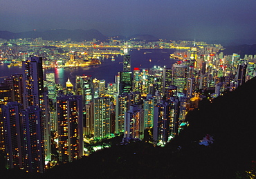 Aerial View of Hong Kong Harbour Illuminated at Night