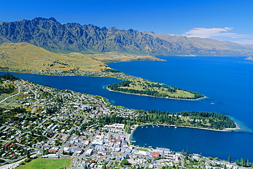 Aerial view over resort of Queenstown, Lake Wakatipu and The Remarkables in west Otago, South Island, New Zealand, Australasia