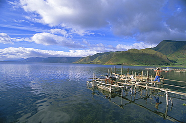 Fish rearing cages, Tongging, northern tip of Lake Toba, Southeast Asia's largest lake, North Sumatra, Sumatra, Indonesia, Southeast Asia, Asia