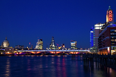 St. Paul's Cathedral, Blackfriars Bridge and River Thames at dusk, taken from South Bank, with Walkie-talkie, Cheesegrater, City of London and Oxo buildling, London, England, United Kingdom, Europe