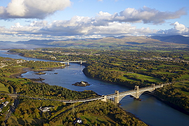 Aerial view of Britannia Bridge and the Menai Bridge, Menai Strait, Gwynedd, North Wales, Wales, United Kingdom, Europe