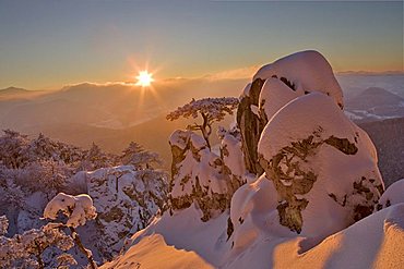 a winter dream at sunset on the Peilstein mountain, Lower Austria, Austria