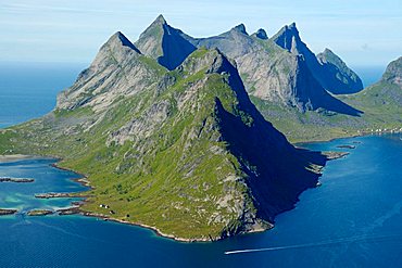 Rough mountains with fjord Kjerkfjorden Moskenesoya Lofoten Norway